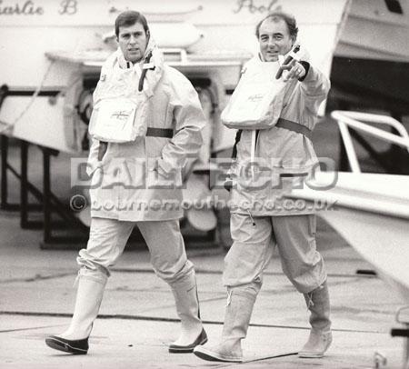 In October 1987 the Duke of York visited the Dell Quay Marine factory at Hamworthy,Poole. He is seen here with the chairman Arthur Moseley before they  take a trip in one of the company's craft.