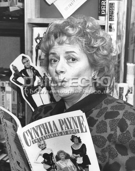 Cynthia Payne a.k.a. Madame Cyn, ex-brothel owner at J.R. Videos in Hamworthy to promote the video release of the film 'Personal Services'. 