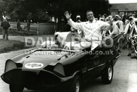 Roy Castle in the Batmobile created by Elford Mazda.