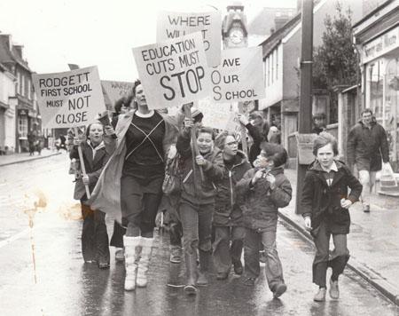 March 1981 nearly 100 people marched through the wind and the rain in Wareham protesting against closure of Rodgett First School. 