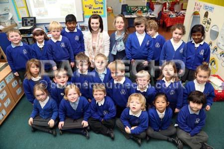 Teacher Georgia Walsh and TA Kate Sims, with Spruce class at Ashley Infants School. 