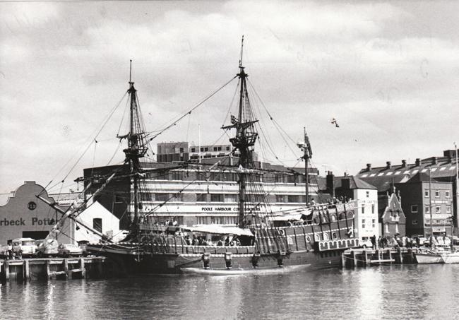 In 1981 the replica galleon the Golden Hinde visited Poole Harbour. Note Purback Pottery building on left - Daily Echo Photo