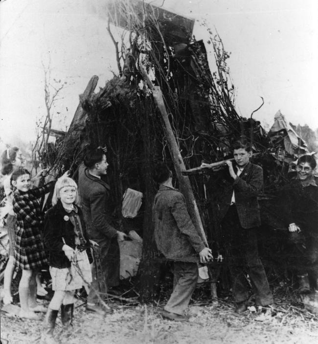 Submitted print sent in by Peter Keeping of Christchurch.Bonfire at Quomps, Christchurch 1945.
