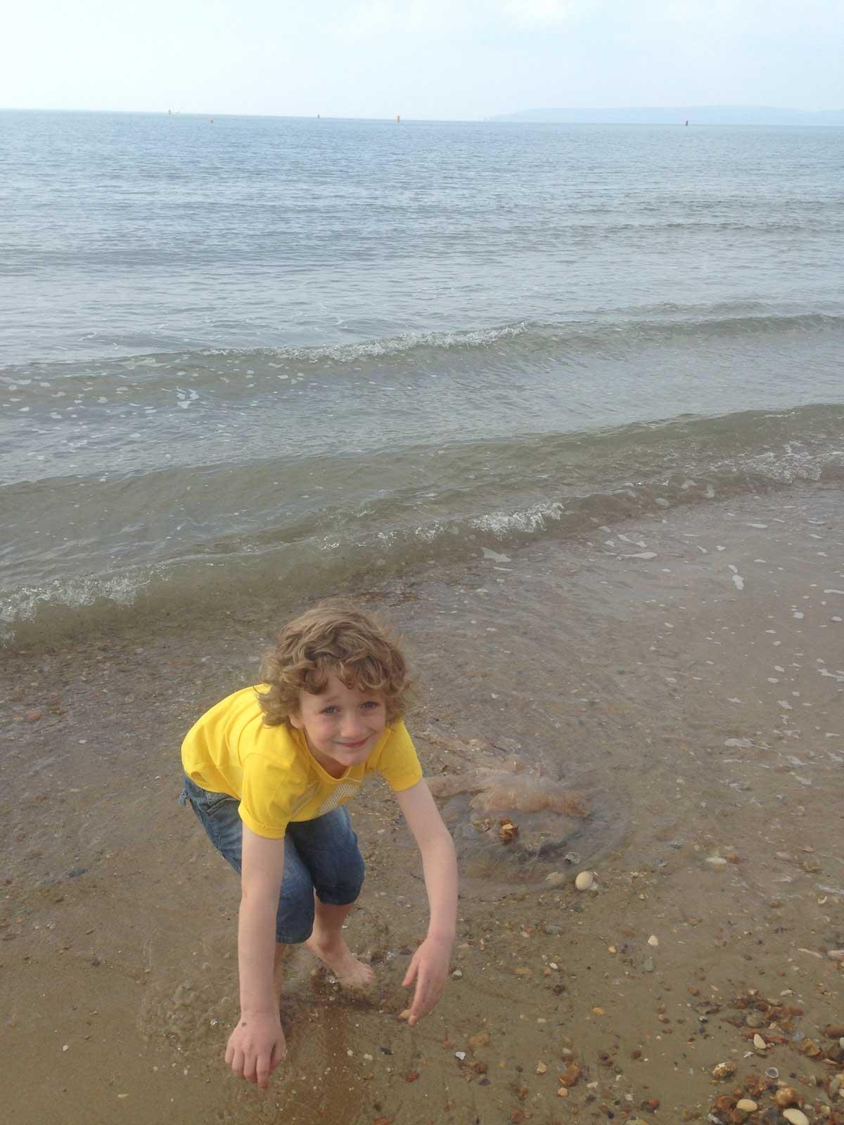 Seven-year-old Lucas Evans found a barrel jellyfish washed up on Bournemouth beach opposite the Zig Zag cliff path on West Cliff. 