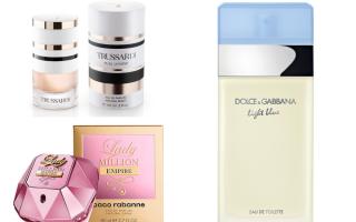 (top left-clockwise) Trussardi Pure Jasmine, Dolce & Gabbana Light Blue and Paco Rabanne Lady Million Empire (The Fragrance Shop/Canva)