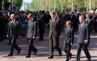 The Duke of Edinburgh, Prince William, Earl Spencer, Prince Harry and the Prince of Wales follow behind the coffin of Diana, Princess of Wales (PA)