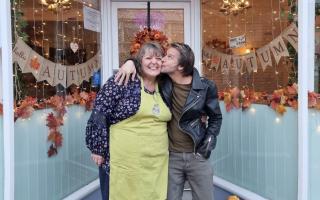 Chesney Hawkes and Debbie Eades outside Nan's Place
