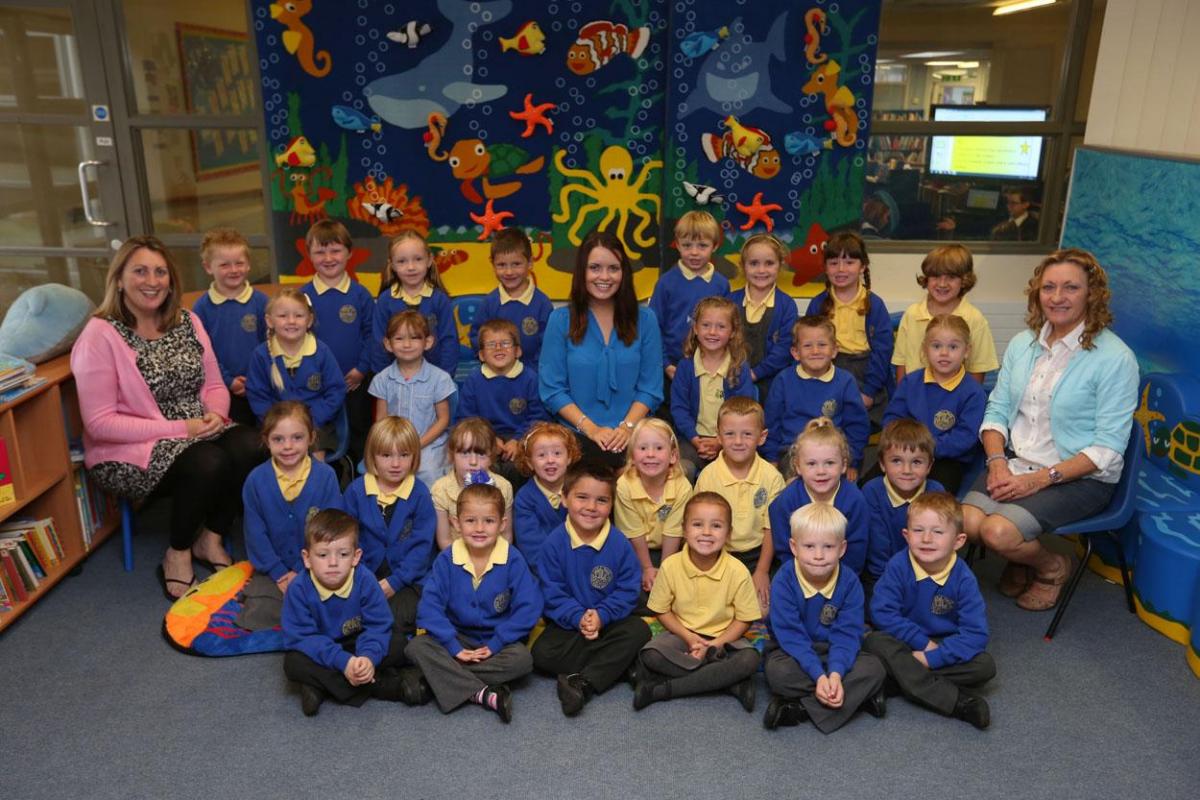 Reception children in Lobsters Class at  Twin Sails Infant  School  in Hamworthy with, from left, TA Louise Thompson, teacher Laura Tobin and TA Heather Randall