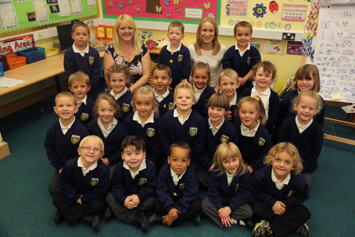 Reception Class pupils at Kingsleigh Primary School with TA Elaine Hayes and teacher Charlotte Hayhoe.