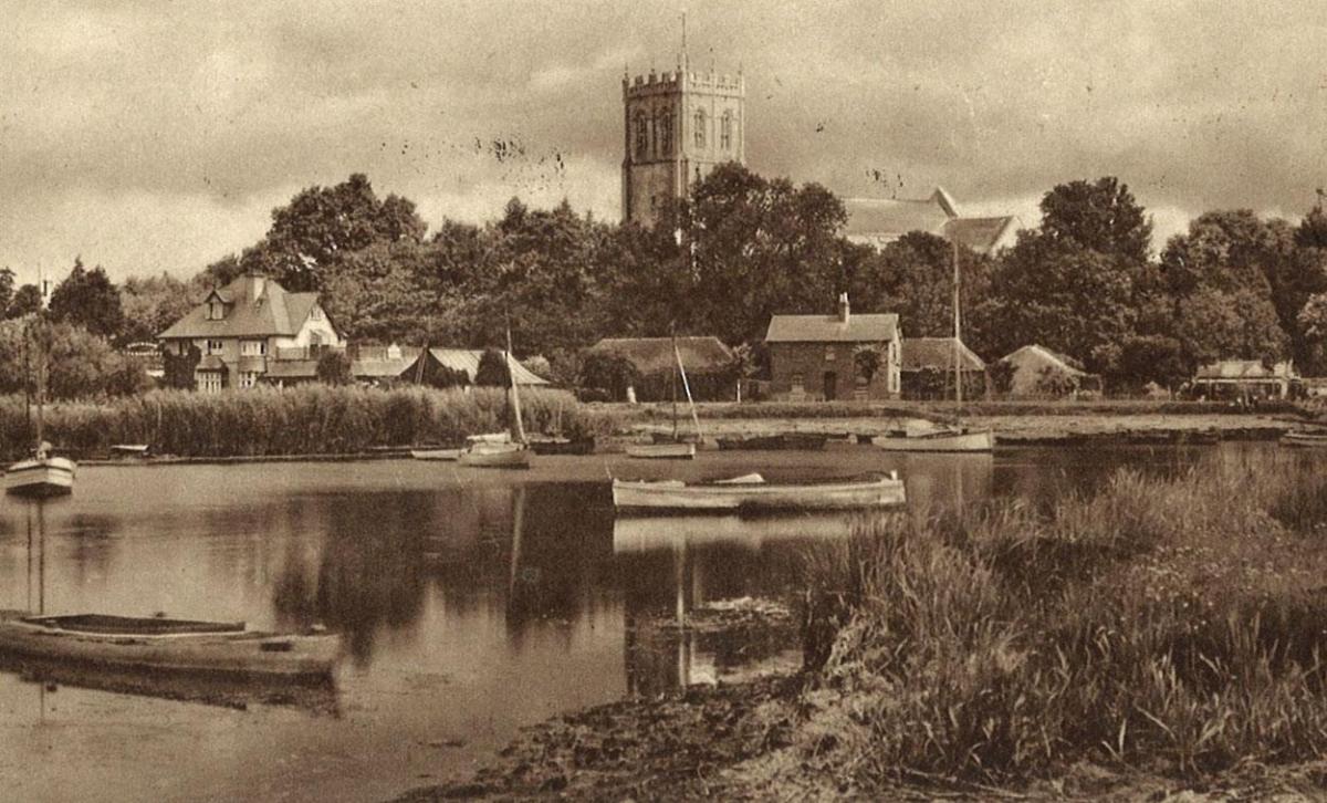 Undated postcard of Christchurch Priory, South West from the river submitted by Ken Mart. Copyright E A Sweetman & Son Ltd, Tunbridge Wells