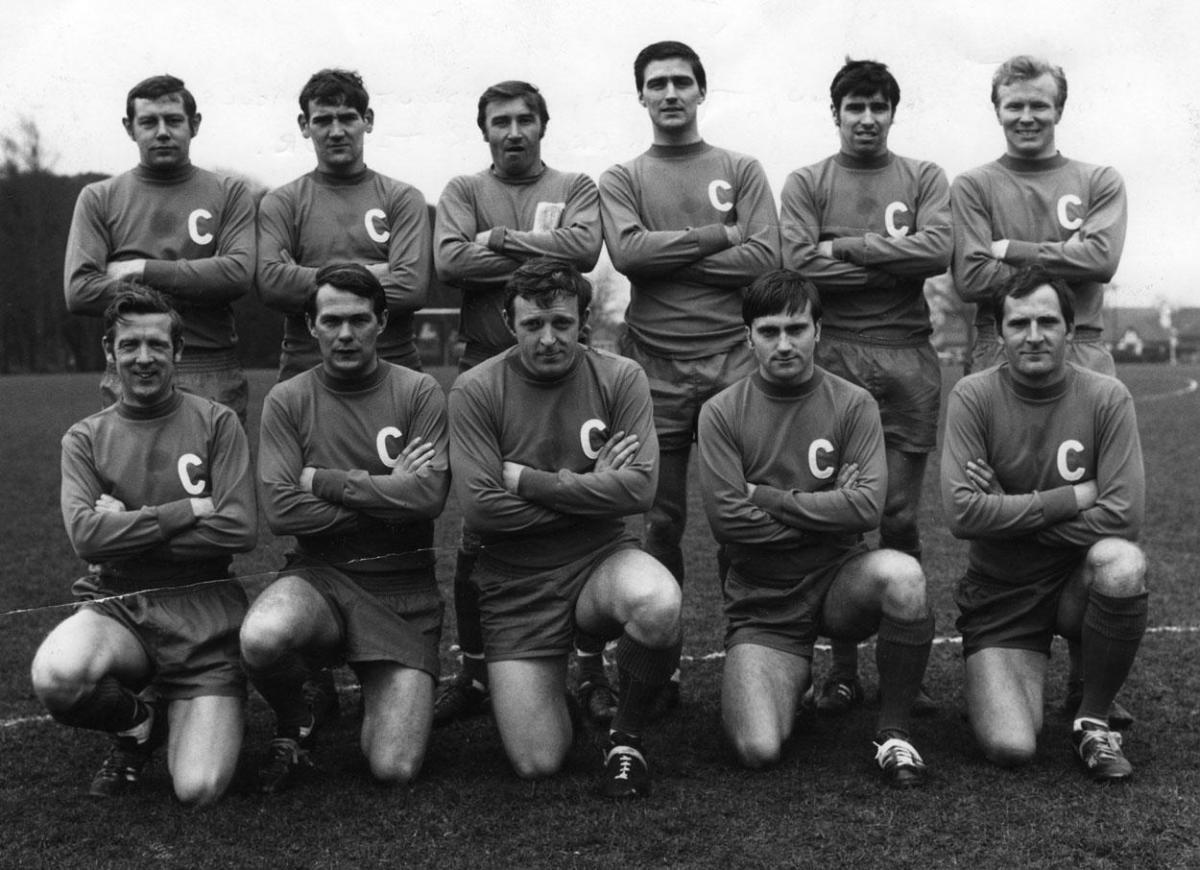 Christchurch Football Club First Team in 1970. Standing (L-R) K Brown, T Smith, D Rideout, R Nivcolson, R Crow and R Taylor. Front row R LittleJohn, R Penny, J Bridle, T Staines and R Beach