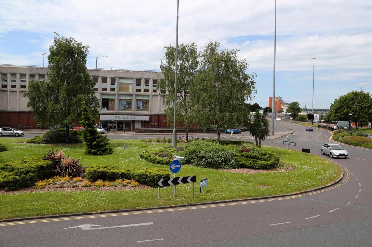 View  from The George in Poole overlooking the roundabout over what used to be the High Street in 2014.