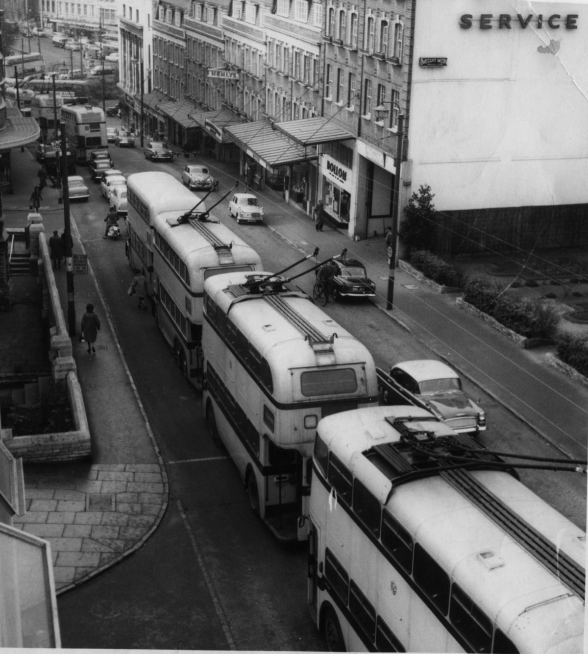 Trolley Buses in traffic on Richmond hill  Bournemouth  circa 1969