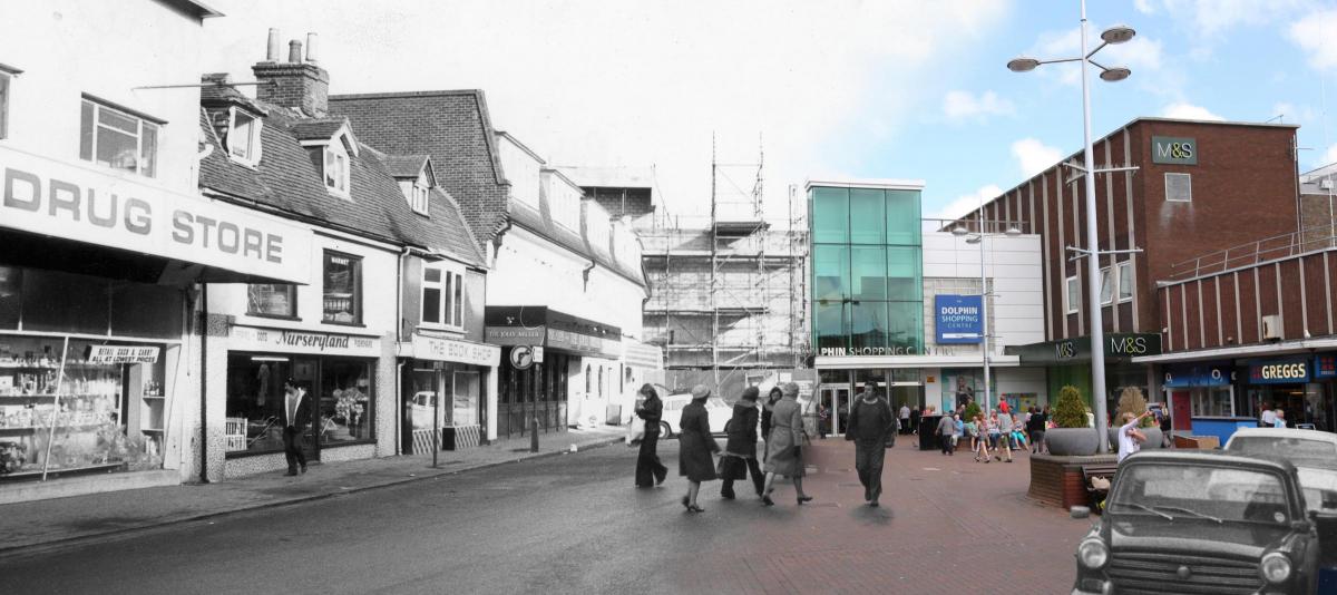 Poole Arndale Centre in 1980 and the Dolphin Shopping Centre in 2014