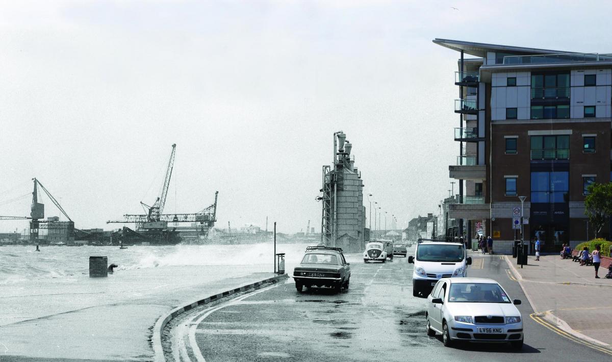 High water on Poole Quay from outside The Thistle hotel. Picture from 1974