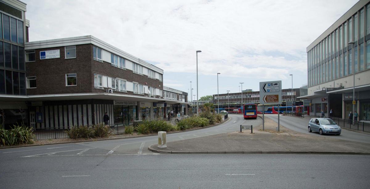 View from the roundabout towards the Dolpin Centre and bus station in 2014.