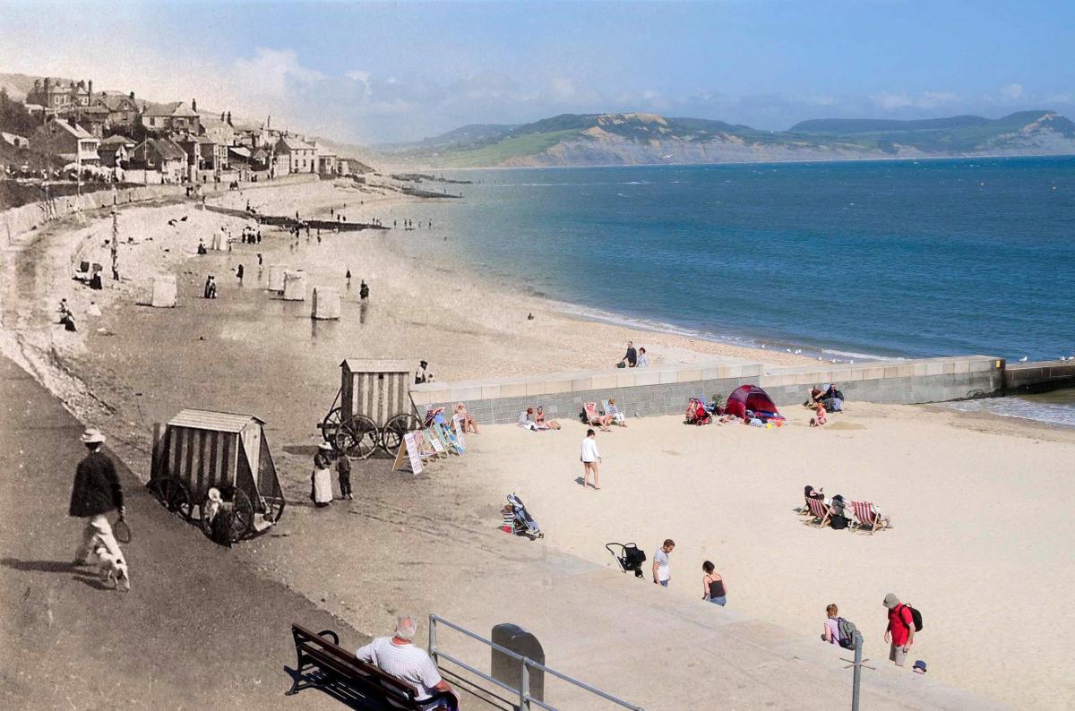 Bathing machines pre 1902 and Lyme Regis Beach  - photo from the Lyme Regis Philpot Museum