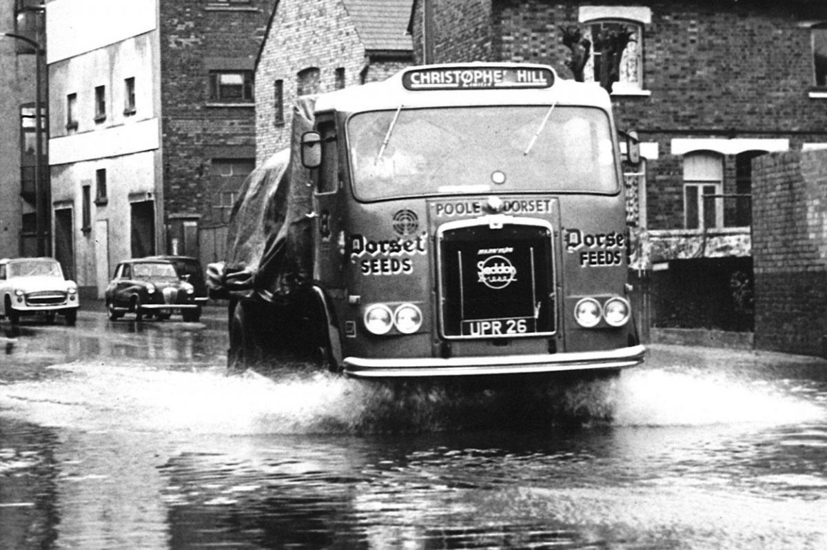 Flooded West Quay Road in Poole after a storm in 1968.
