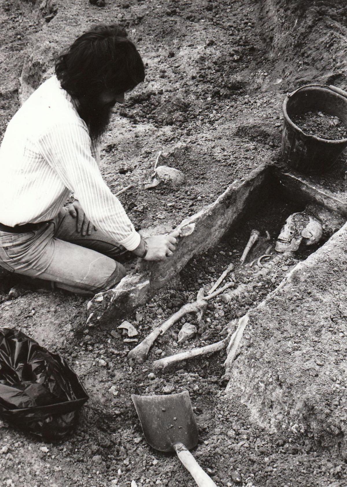 In 1982, 30 graves dating back to 4th century AD were found at Shepherds Farm in Ulwell, Swanage. Blandford archaeologist Peter Woodward views one of the finds. Picture: Arthur Grant