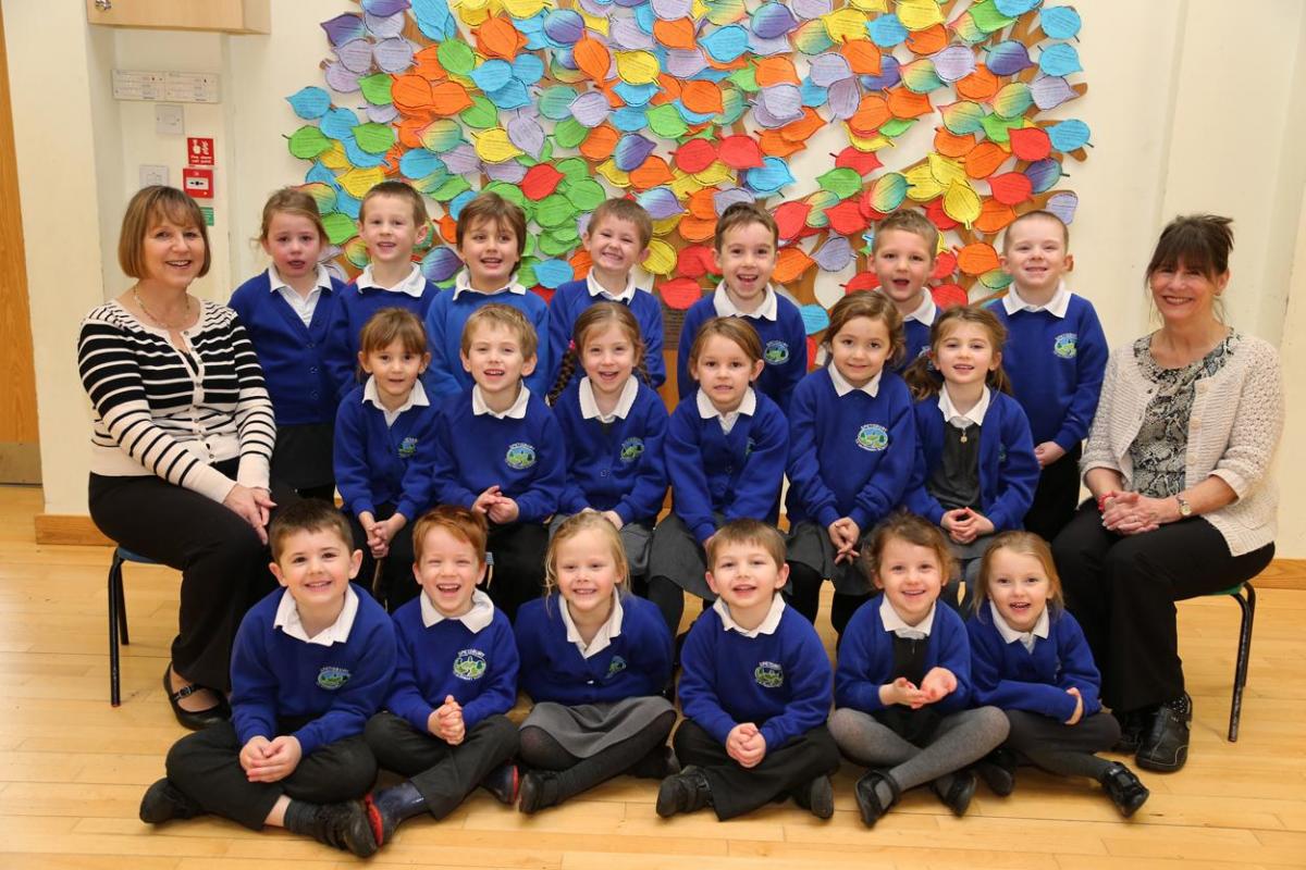 Reception children at Spetisbury Primary School with teacher Helen Sinclair and TA Lindy Butler