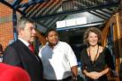 Prime Minister Gordon Brown visits Twynham School in Christchurch, pictured meeting Head Boy Kenny Aruwa and Head Girl Lucy Speck. Picture: Richard Crease.