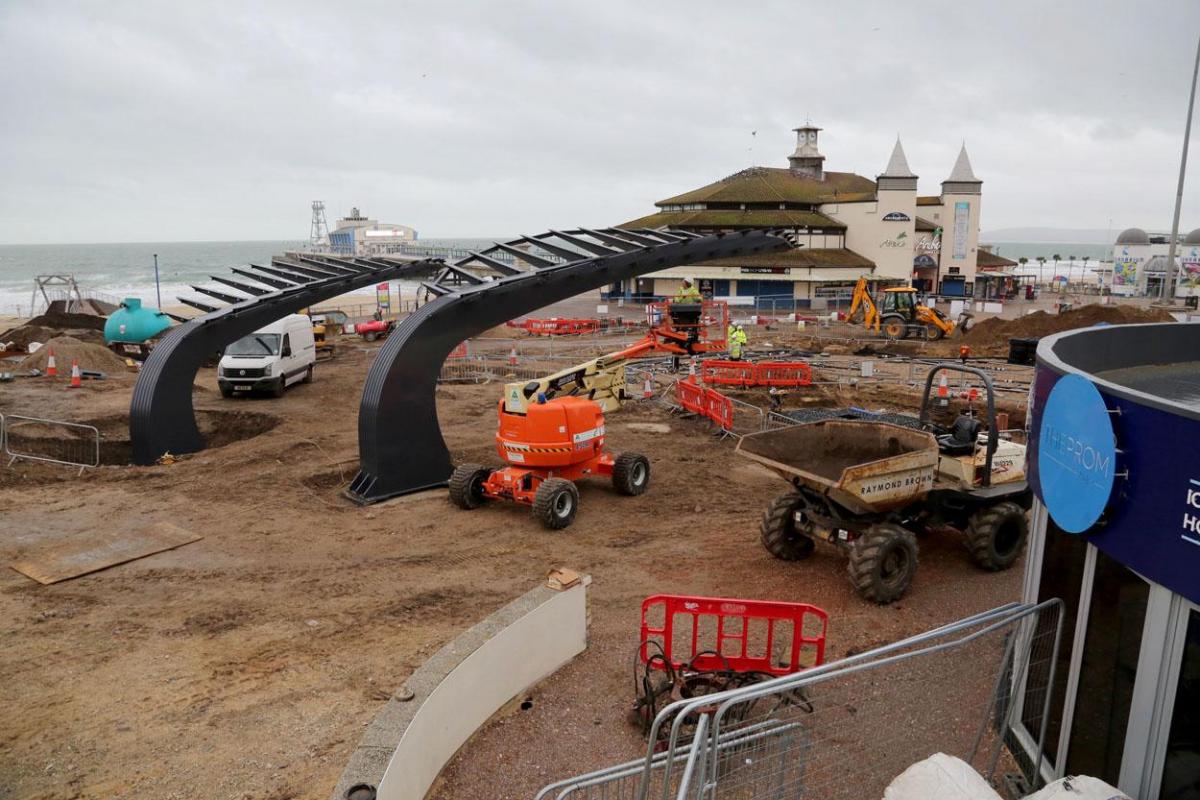 Work being carried out on the new seafront and tourism information kiosk and water play features between November 2014 and April 2015. 