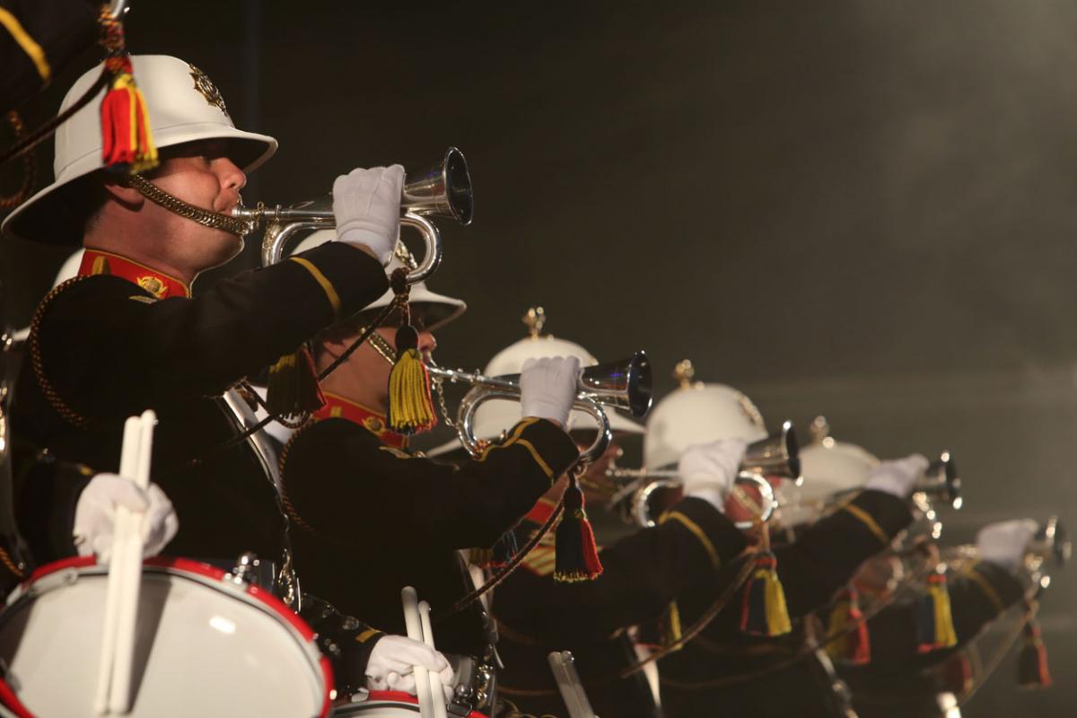 The HM Royal Marine's Band Collingwood perform at Boscombe Pier as part of the Night Air for Bournemouth Air Festival. 

