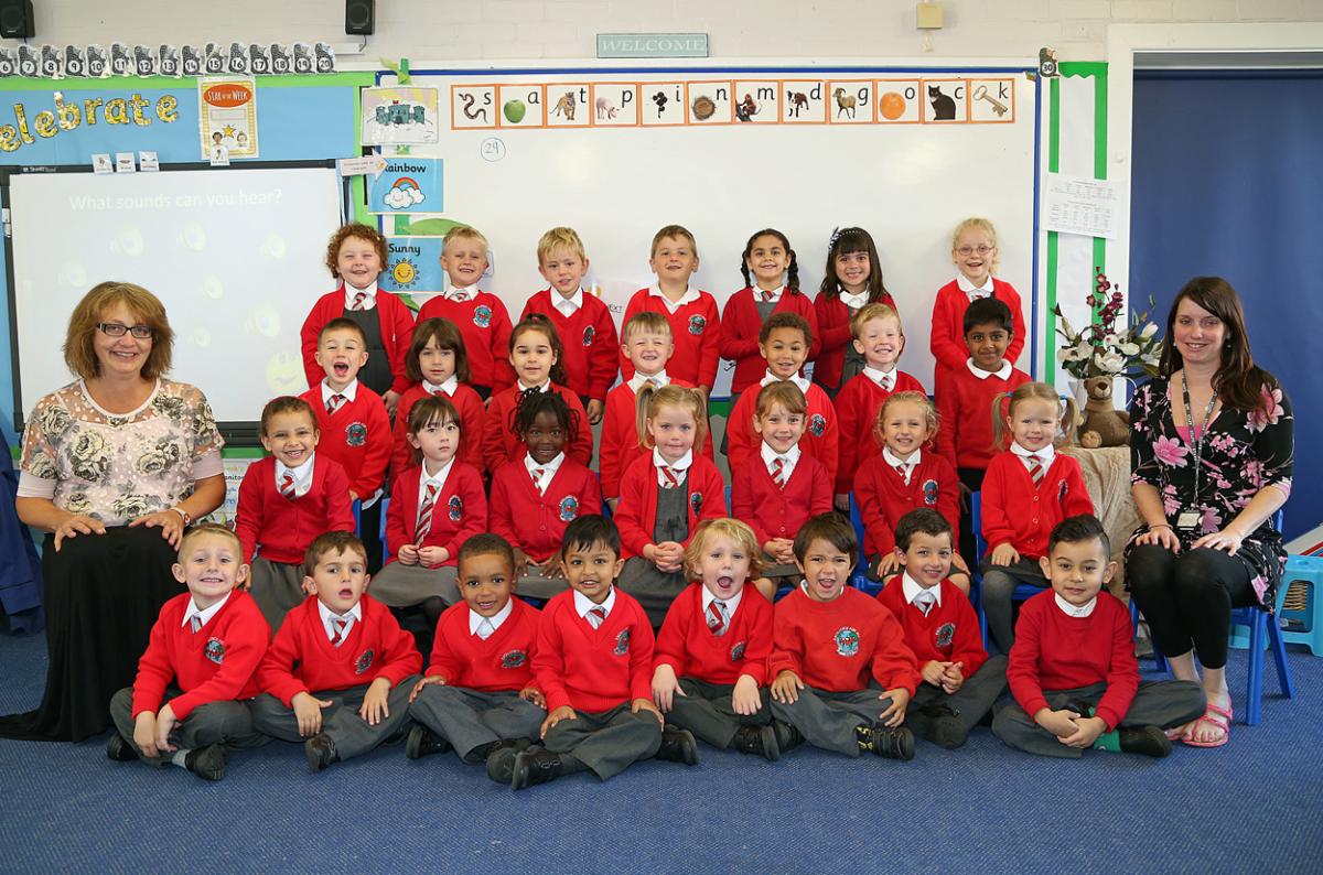 Reception class FS2P at Malmesbury Park Primary School with teacher Stacey Pipe, centre, TA Emma Wilkins, right and TA Paris Abbott, left.
