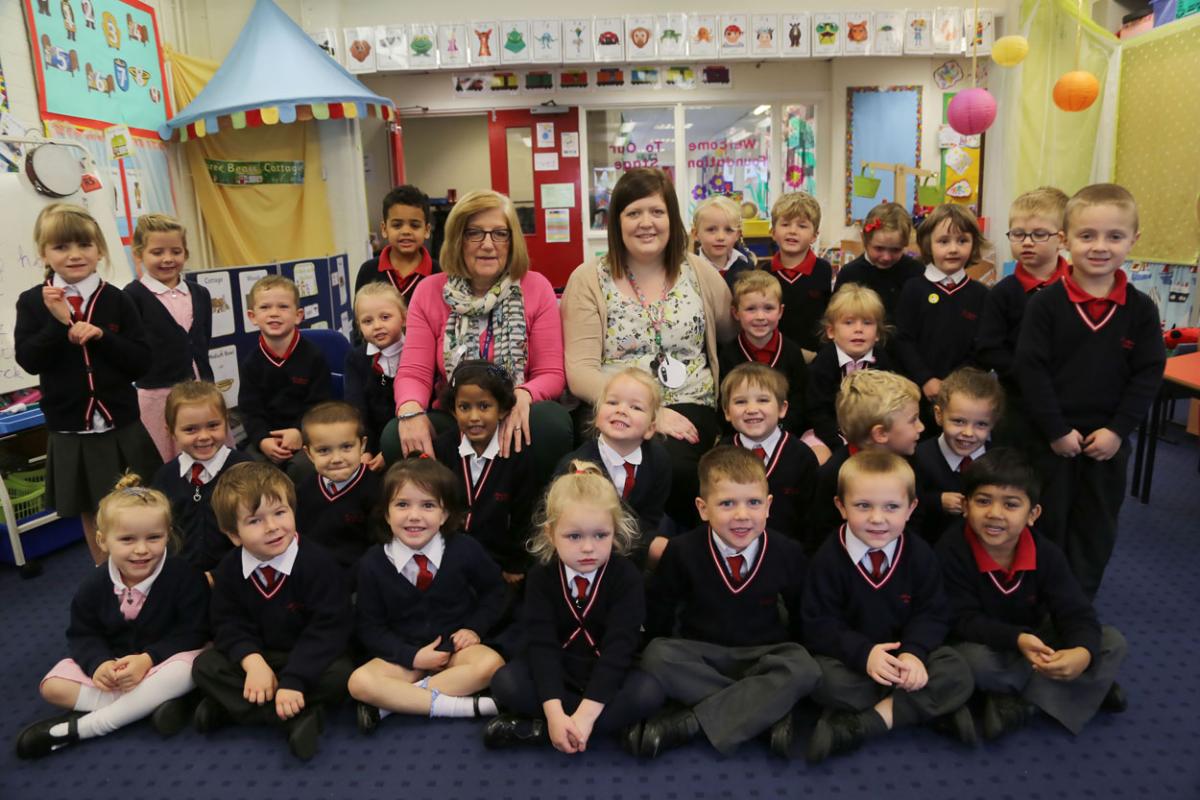 Moordown St Johns Primary School reception class with TA Mrs Laing and teacher Miss Higgins
