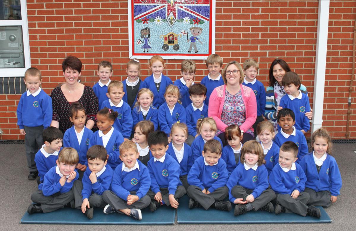 Blackbird class at Queens Park Infant Academy,  with teacher Mrs Lisa Wright, second right, and TAs Mrs Ami Melly, left, and Mrs Philippa Lynch, right