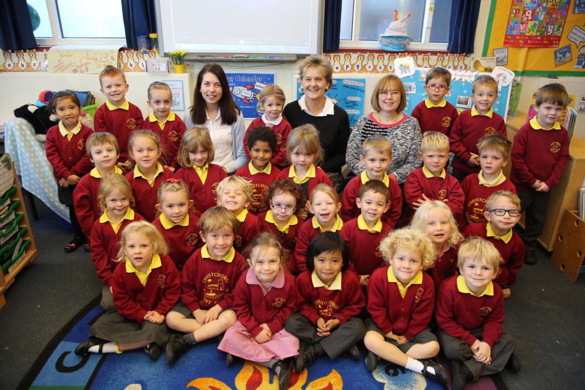 Pupils at Christchurch Infants School with TA Sarah Bishop, teacher Yvie Hall and TA Helen Pritchard