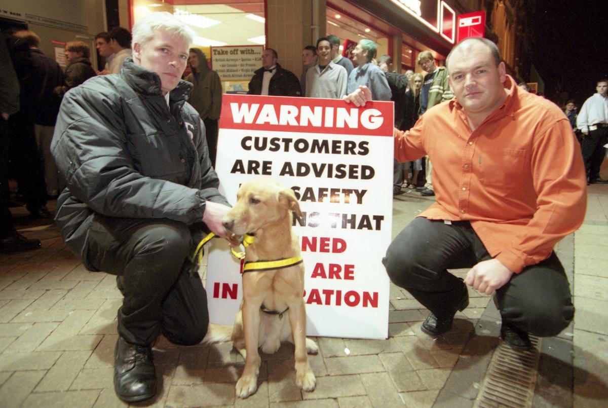 The Opera House, Boscombe, 1997 Richard Carr with Security guard Pete Butler and sniffer dog Lenny the Labrador. The Opera House, Boscombe
