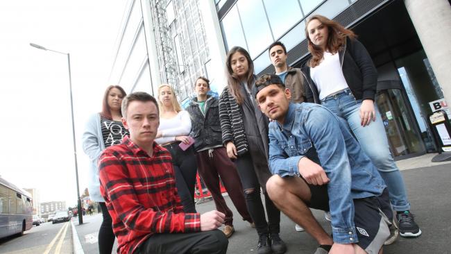 Thomas Dence, front left, and fellow students who are taking action over the condition of the Bournemouth University International College building on Holdenhurst Road in Bournemouth..