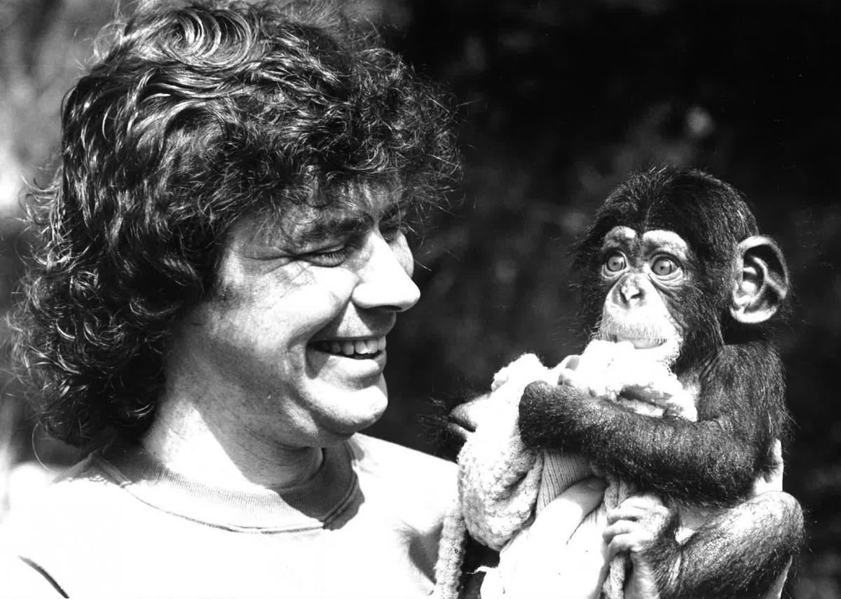 Jim Cronin with four-month-old chimp, Bob, in 1994