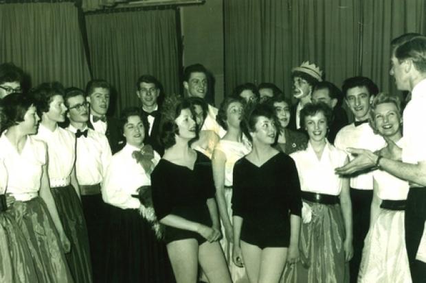This photograph of Bournemouth Beales staff production of 'Belles and Beaus' who performed at St Peter's Hall and at Pelhams Community Centre, Kinson, belongs to Lesley Clode, then Sellick