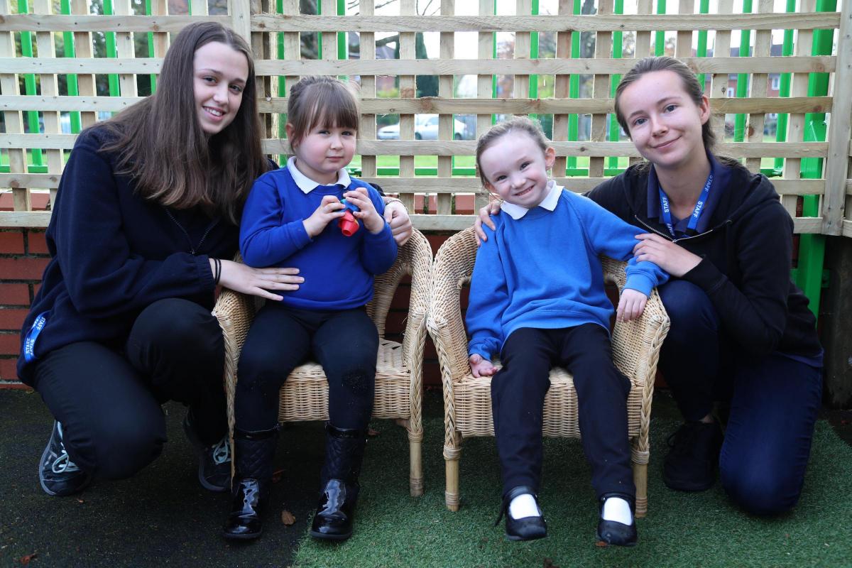 Reception class pupils at the Littlewood Campus of Linwood School with, left, TA Penny Bright and TA Lizzie Wilson. 
