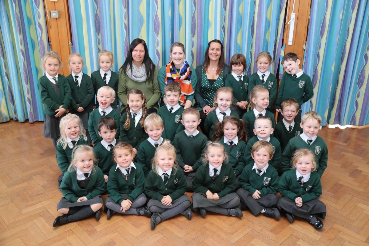 Reception class pupils at Highcliffe St Mark Primary School. with, staff left to right, TA Leanne Smit, teacher Lauren Blissett and TA Sara Hughes. 
