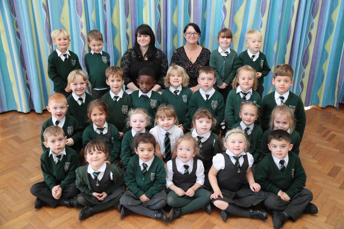 Reception class pupils at Highcliffe St Mark Primary School. with, staff left to right, teacher Lucy Moore and TA Lucy Bedford. 