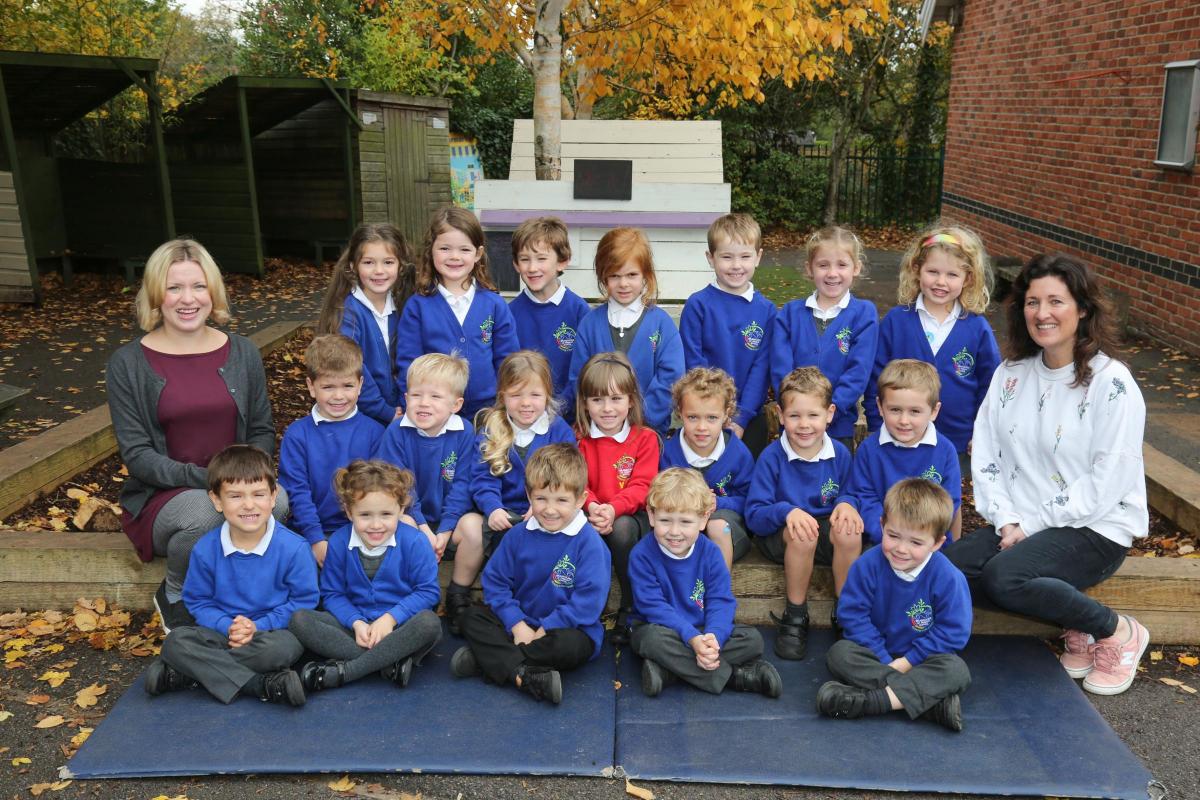 Reception children in Lions class at Bransgore C of E Primary School with teacher Jess Thompson and TA Sarah Swann.