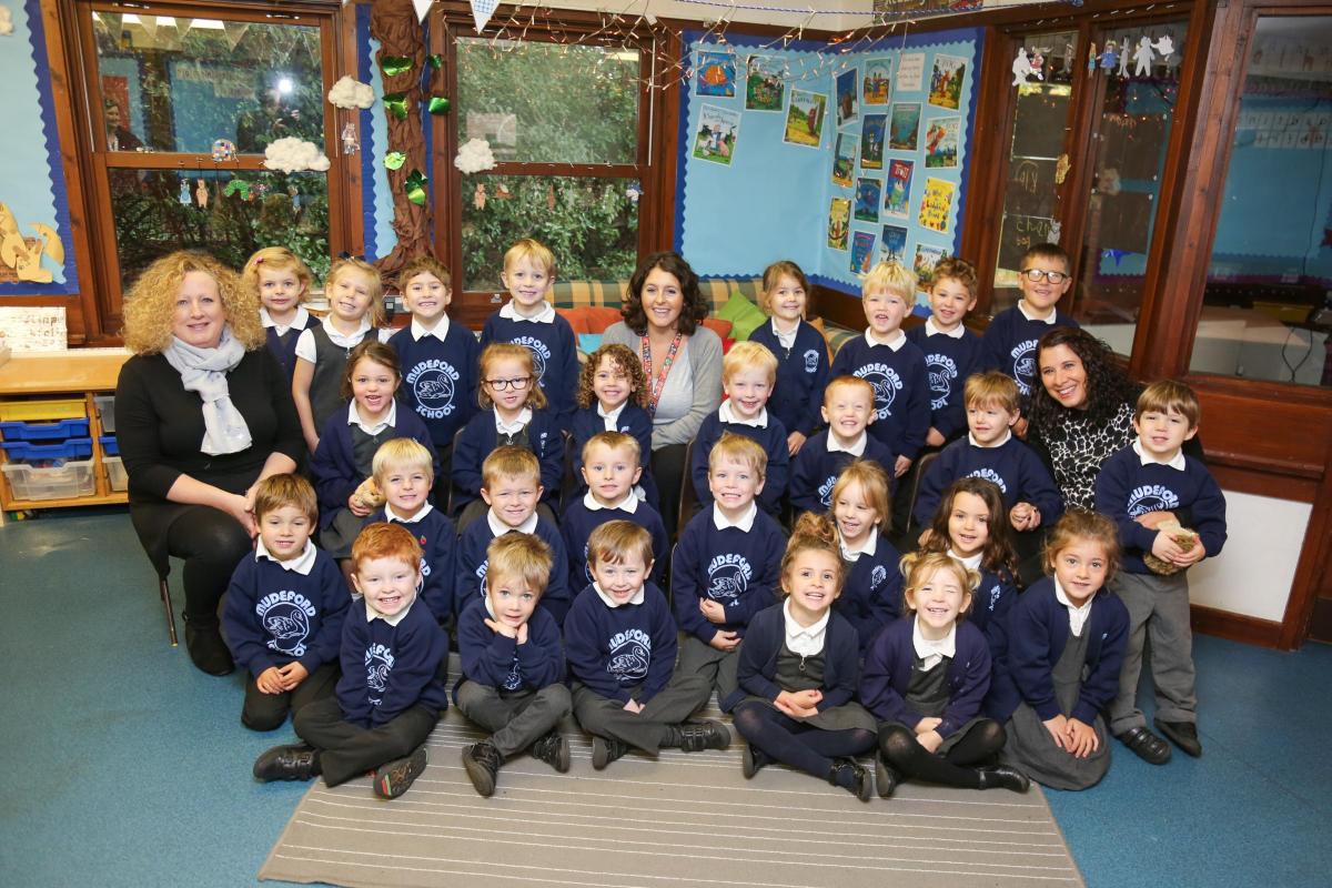 Reception children in Hedgehogs class at Mudeford Infants School  with teacher Sam Clarke, centre, and TA's Michelle Roberts and Jenny Moore.