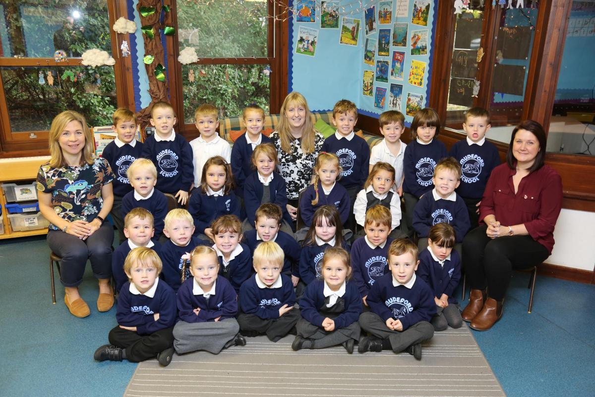 Reception children in Dormouse class at Mudeford Infants School  with teacher Shelley Cheeseman, centre, and TA's Rachel Seddon and Kate Jennings.