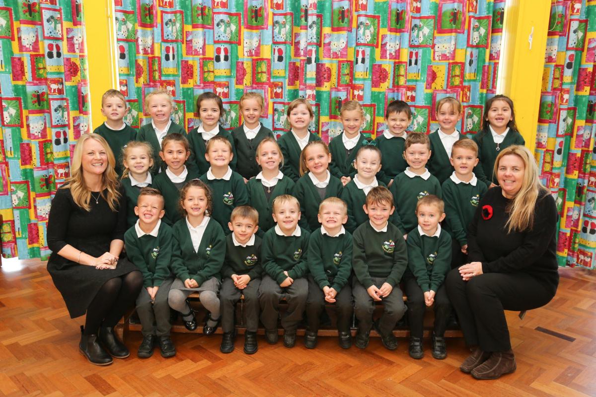 Reception children in Foxes class at New Milton Infant School with teacher Mrs Frost and TA Mrs Press.