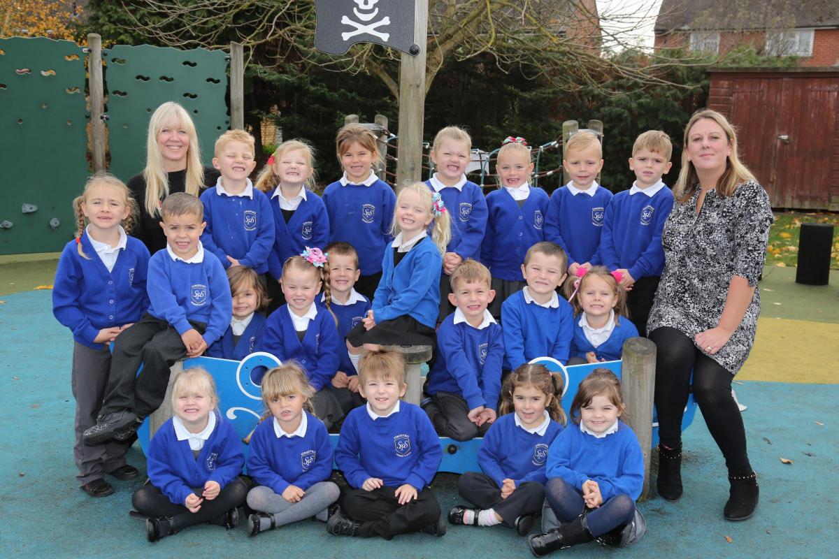 Reception children at Somerford Primary Community School  with teacher Nicola Hinz-James, right, and  TA Sue Knowles.