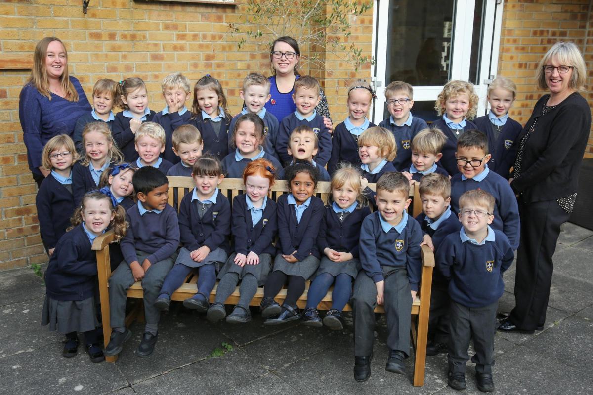 Reception children in Ducklings class at St Joseph's Catholic Primary School with teacher Charlotte Fox and TA's Sinead Cheeseborough and Elaine Dibden.
