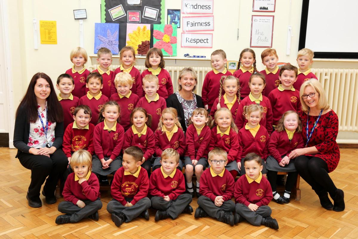 Reception children in Turtles class at Christchurch Infant School with teacher Yvie Hall, centre, and TA's Sarah Bishop and Linda Middleton.