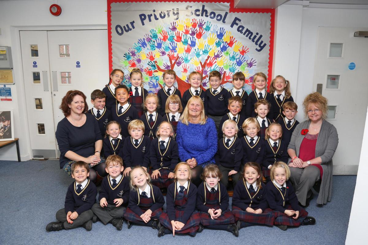 Reception children at The Priory CE Primary School in Christchurch  with teacher Jenny Sibbald, centre, and TA's Julie Homan and Karen Crabb.