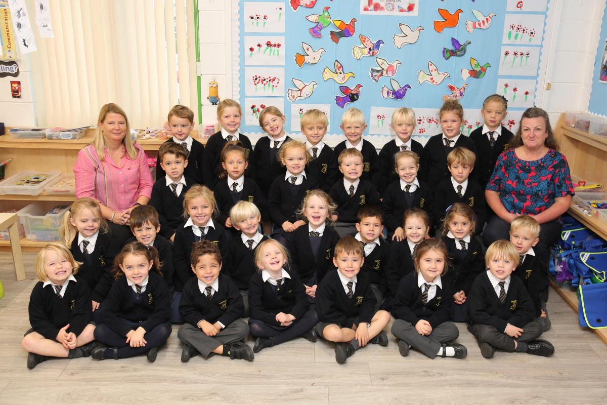 Reception children in Skylarks class at St Katharine's C.E. Primary School  with teacher Fiona Pollard and TA Tracey Willsher.