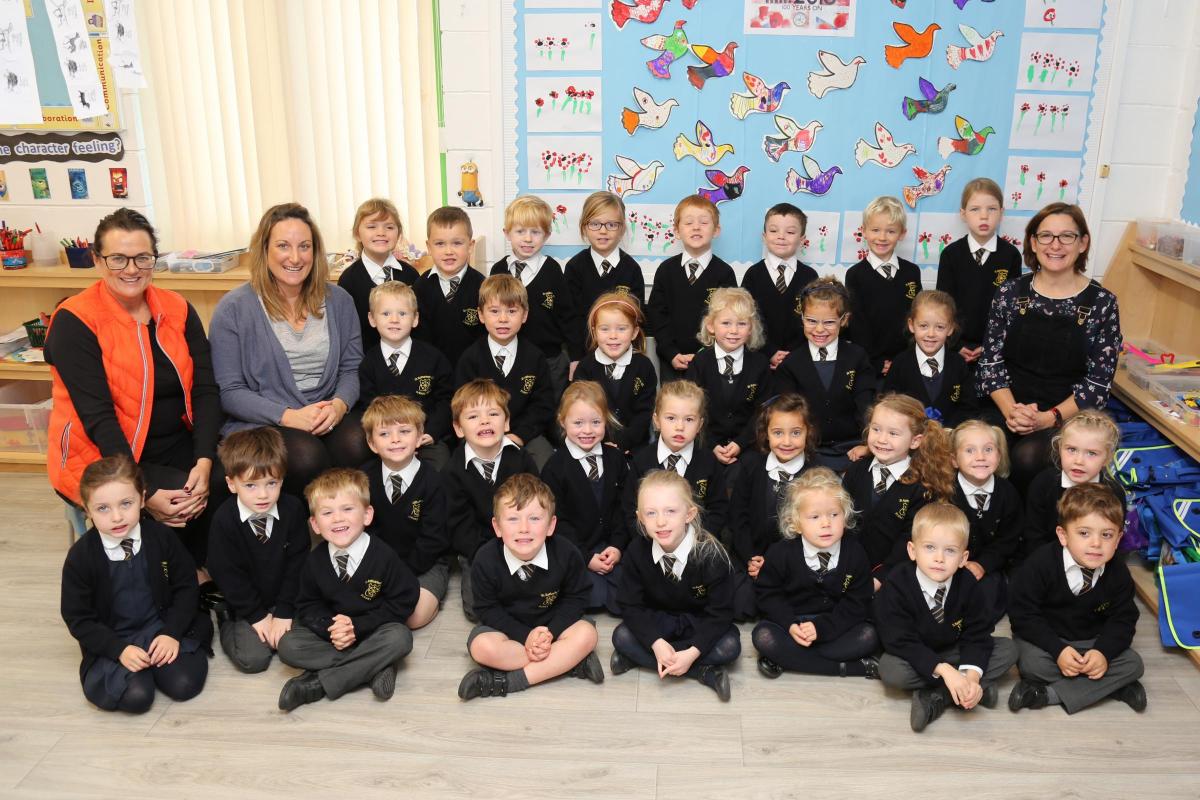 Reception children in Nightingales class at St Katharine's C.E. Primary School  with teacher Vicky Miles, right, and TA's, from left, Racheal Lloyd and Lucy Deakin