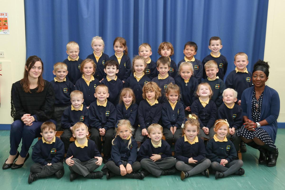Reception children in Class RC at Ferndown First School with teacher Caroline Cload and TA Clivette King