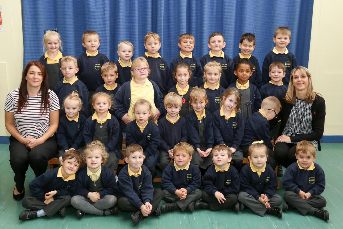 Reception children in Class RP at Ferndown First School with teacher Emma Penfold and Kerry March.